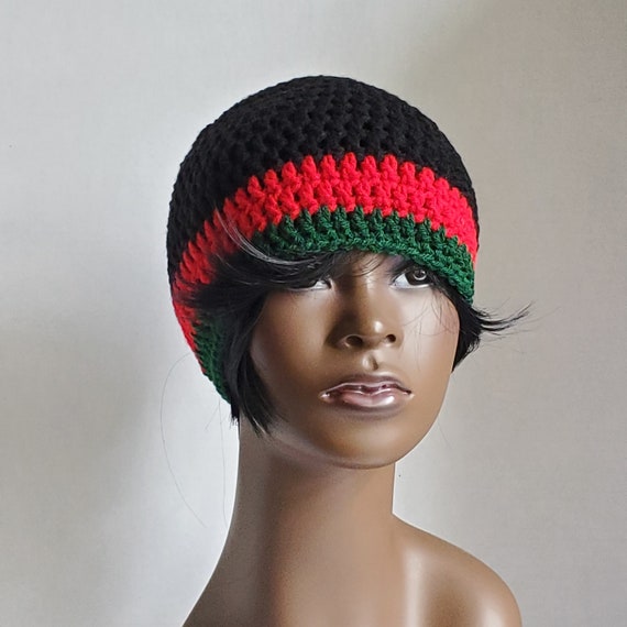 Red Black and Green Crochet Beanie Red 