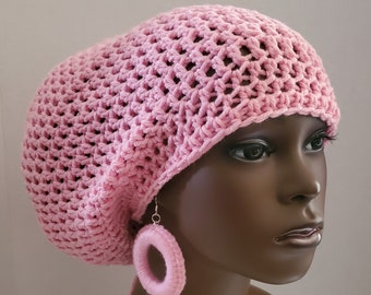 Crochet Dreadlock Tam with Drawstring Earrings Optional, Large Rasta Tam, Pink Large Slouch Hat for Dreadlocks