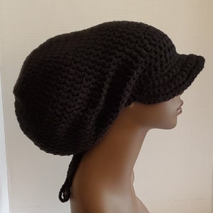 Black Crochet Brimmed Rasta Tam Hat Cap - Black Dreadlock Tam With Optional Earrings, Large Hat For Dreadlocks with Brim, Unisex