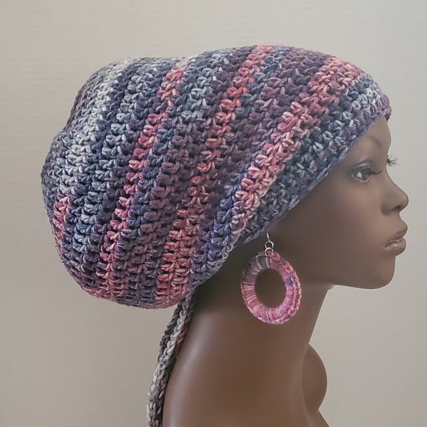 Crochet Dreadlock Tam Hat Loc Cap with Drawstring, Optional Earrings, Blue, Pink, Purple, and White Gradient Striped Oversized Slouch Hat