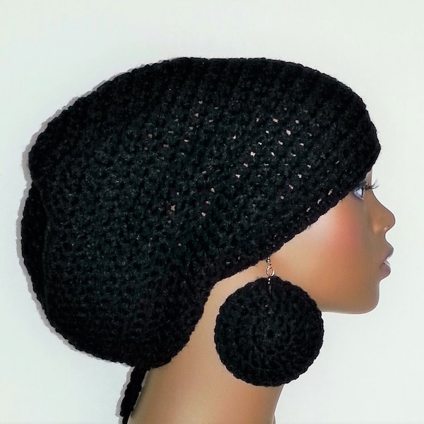 Crochet Tam with Optional Earrings, Large Rasta Tam With Drawstring, Black Large Slouch Hat and Earrings, Black Hat For Dreadlocks