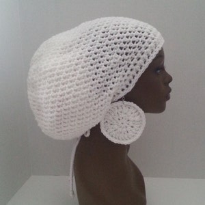 White Crochet Tam with Optional Earrings, Large White Rasta Tam, White Dreadlock Hat/Cap, White Hat For Dreadlocks