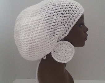 White Crochet Tam with Optional Earrings, Large White Rasta Tam, White Dreadlock Hat/Cap, White Hat For Dreadlocks