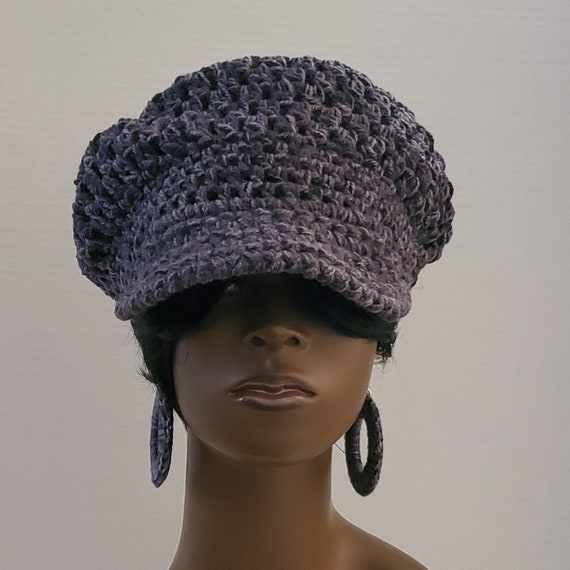 Crochet Newsboy Hat With Optional Earrings, Stonewashed Dark