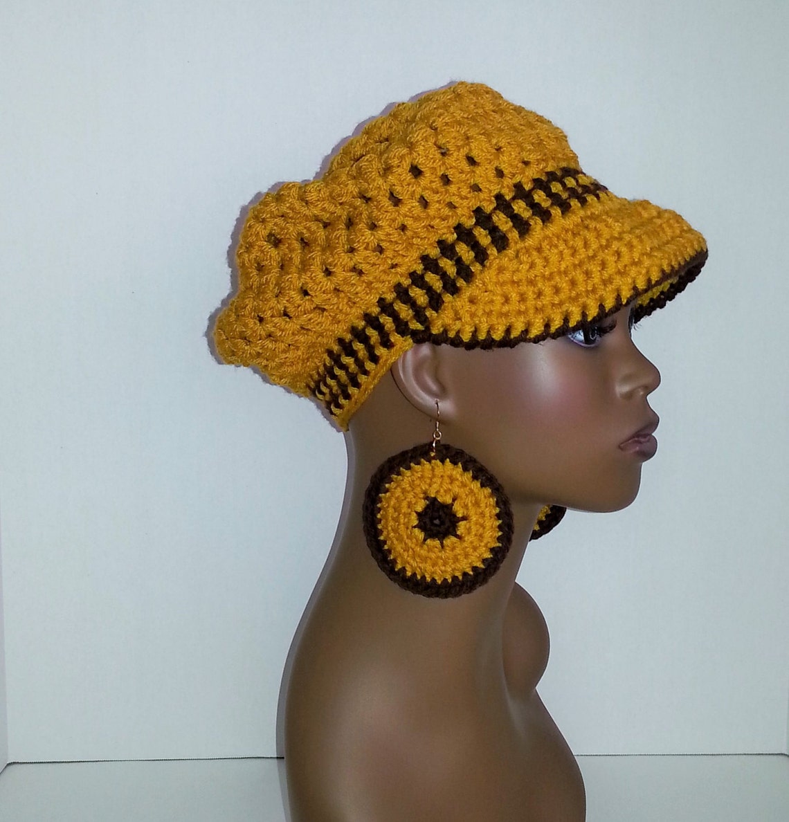 Crochet Newsboy Hat Yellow Gold and Brown Newsboy Hat and Etsy