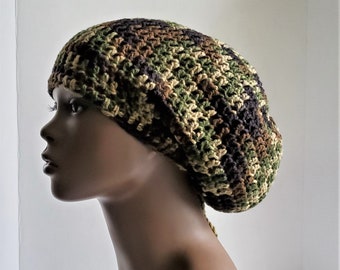 Camouflage Crochet Dreadlock Tam, Medium or Large Dread Cap Rasta Tam, Hat, Large Slouch Hat, Camo Hat for Dreadlocks, Unisex Tam
