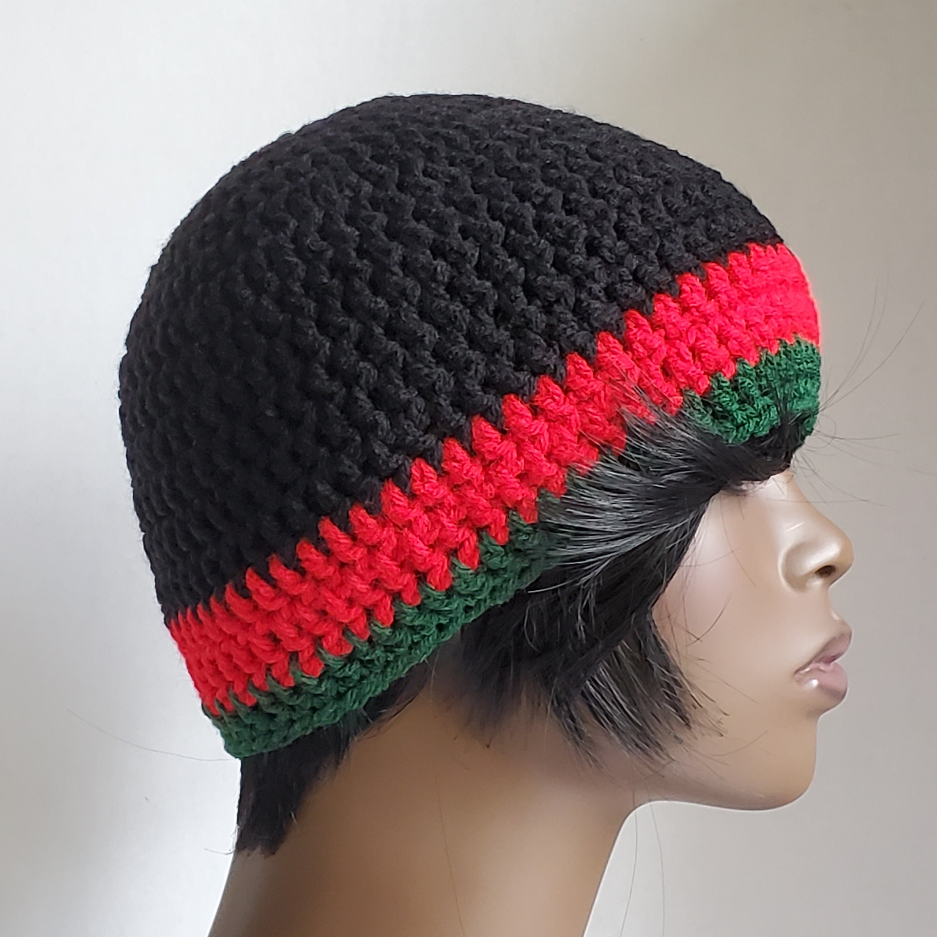 Red Black and Green Crochet Beanie Red 