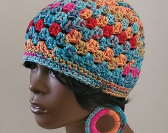 Crochet Granny Stitch Beanie Hat Colorful Mix Optional Earrings, Open Weave Beanie, Boho Hippie Style Crochet Beanie Set