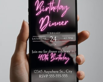 Birthday Dinner Party Invite, Digital 40th Birthday Party Invitation, Pink Neon Visto, Rose Party Invite, Editable Invitation Template