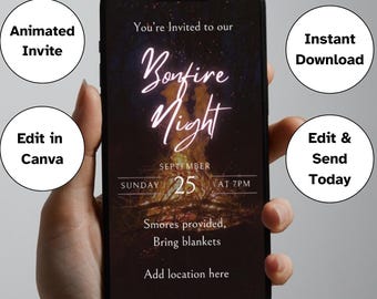 Bonfire Animated Invitation, Backyard Bonfire Evite, Bonfire Party Invitation, Smores and more, Campfire Invitation, Fall Winter Invitation