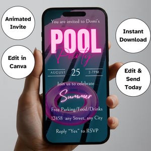 Editable Pool Party Invitation, Summer Birthday Party Template, Summer Swim Party Digital Invitation, Pool Party Evite, Neon Pool Party