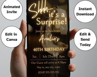 Surprise Party Evite, Shhh... It’s a Surprise Party, Gold Digital Birthday Invitation, Milestone Birthday, 30th, 40th, 50th Birthday Party