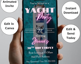 Boat Party Evite, Animated Yacht Invitation, Sailing Cruise Party Invite, Summer Beach Birthday, Text Message Evite, Boat Party Invitation