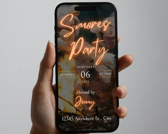 Digital Bonfire Invitation template, backyard bonfire evite, bonfire party invitation, neon editable template, smores and bonfire invitation