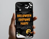 Digital halloween costume party invitation, orange and black halloween party invitation, halloween costume party evite, costume party invite