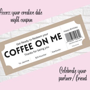 Cupón de fecha personalizado, boleto de regalo digital, idea de fecha, vale de tarjeta de regalo de café, cupón imprimible, regalo creativo único