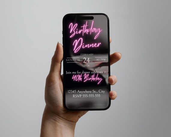 Birthday Dinner Party Invite, Digital 40th Birthday Party Invitation, Pink Neon Evite, Rose Party Invite, Editable Invitation Template