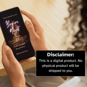 May include: A smartphone displays a Bonfire Night invitation with the date, time, and event details. The screen reads "You're Invited to our Bonfire Night" with additional text. A disclaimer states this is a digital product.