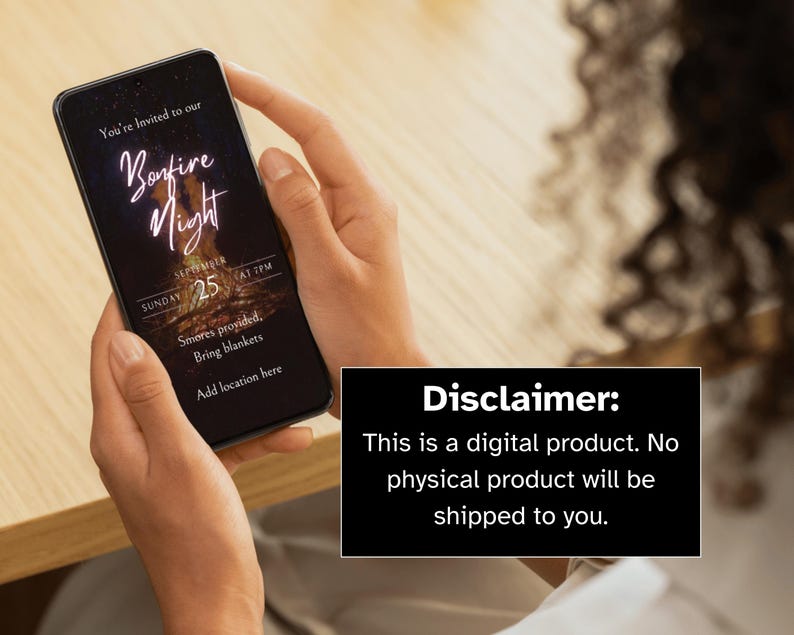 May include: A smartphone displays a Bonfire Night invitation with the date, time, and event details. The screen reads "You're Invited to our Bonfire Night" with additional text. A disclaimer states this is a digital product.