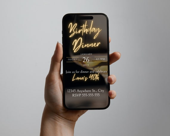 Birthday Dinner Party Invite, Digital 40th Birthday Party Invitation, Gold Neon Evite, Phone Text eCard, birthday flyer