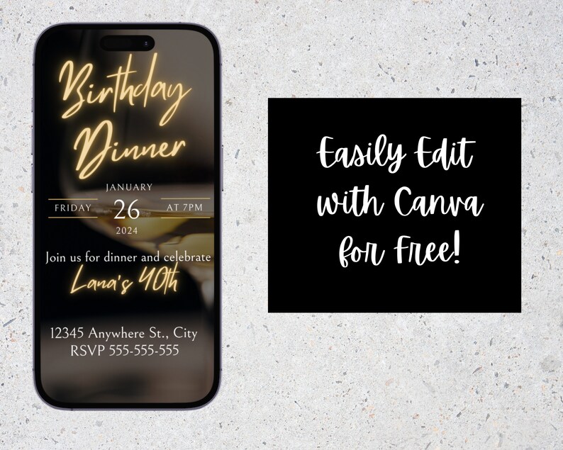 May include: A smartphone screen displaying a birthday dinner invitation with a gold-colored text overlay. The invitation is for Lana's 40th birthday and is scheduled for Friday, January 26th at 7 PM. The invitation includes a phone number and address for RSVP.
