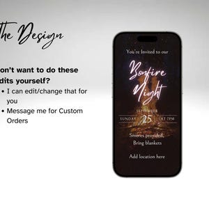 May include: A smartphone displays a Bonfire Night invitation. The design features the text "Bonfire Night" in a glowing script, with details for September 25th. Additional text includes "Smores provided, Bring blankets."