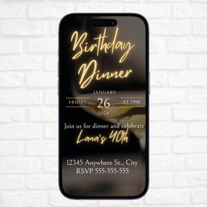 May include: A digital invitation for a birthday dinner. The invitation features a glass of wine with a golden glow and the text "Birthday Dinner" in a gold script font. The date is January 26, 2024, at 7 PM. The invitation also includes the text "Join us for dinner and celebrate Lana's 40th".