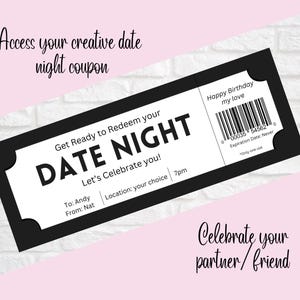 Cupón de cita nocturna personalizado, boleto de regalo digital, idea de cita nocturna, vale de cena romántica, boleto de cita nocturna imprimible, regalo único para pareja