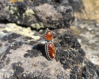 Handmade Double Fire Agate Sterling Silver Ring, Rope Border, US Size 7