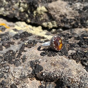 May include: A silver ring with a brown and gold gemstone set in a decorative silver bezel. The ring is resting on a rocky surface.