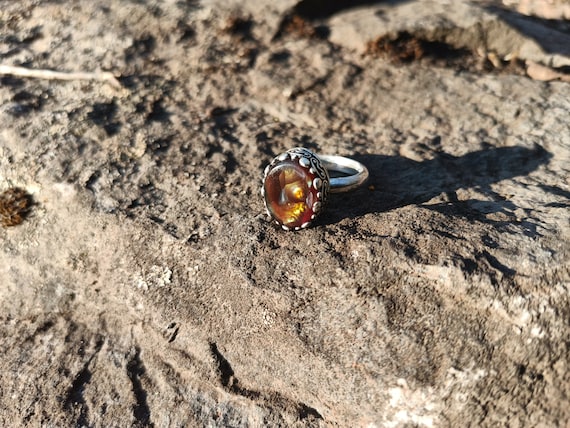 Handmade Fire Agate Sterling Silver Ring: Beaded .925 Jewelry, US Size 8.25