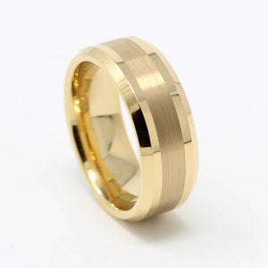 Yellow Gold Tungsten Mens Wedding Band, Satin Finish, 8MM, Free Custom Engraving, Comfort Fit Design, Sizes 7-14