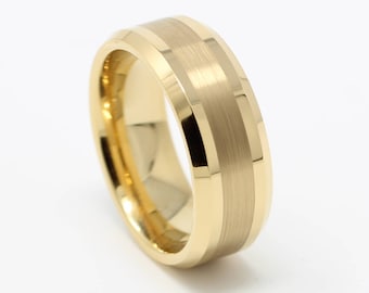 Yellow Gold Tungsten Mens Wedding Band, Satin Finish, 8MM, Free Custom Engraving, Comfort Fit Design, Sizes 7-14