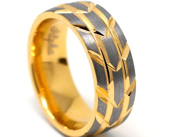 8 MM gerillt Gold & Silber Wolfram Ehering, Reifen Profil Muster Herren Ehering, Jahrestag Geschenk, Comfort Fit Band