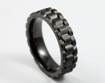 Einzigartiger Schwarzer Wolfram Zahnrad Ring, 6mm schwarzes Ehering, Herrenring, Comfort Fit, personalisierter Ring, Größen 7-13