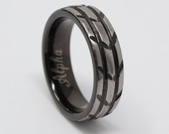 6MM Black Tungsten Wedding Band, Brushed Silver, Tire Tread Design, Comfort Fit,  Men&#39;s Ring, Free Custom Engraving, Sizes 6-13