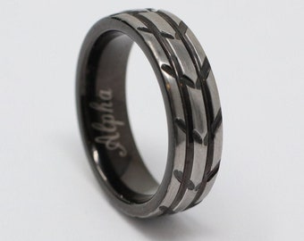 6MM Black Tungsten Wedding Band, Brushed Silver, Tire Tread Design, Comfort Fit,  Men's Ring, Free Custom Engraving, Sizes 6-13