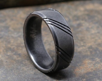 Tungsten Wedding Band, Black Tungsten Ring, Mens Wedding Band, 8MM Ring, Grooved Tungsten Ring