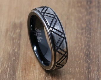 Mens Black & Silver Tungsten 6MM Wedding Band, Grooved Two Tone Ring, Comfort Fit, Sizes 6-13, Personalized with Free Laser Engraving