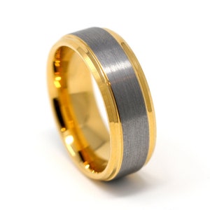 Gold and Silver Tungsten Mens Wedding Band, Brushed Inlay, Beveled Edges, Comfort Fit Design, 8MM Wedding Ring image 1