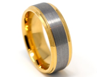 Gold and Silver Tungsten Mens Wedding Band, Brushed Inlay, Beveled Edges, Comfort Fit Design, 8MM Wedding Ring