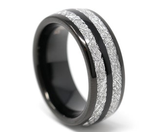 Black Men&#39;s Wedding Band, Black Meteorite Ring, Black Tungsten Imitation Meteorite Inlay, Comfort Fit, 8MM, FREE ENGRAVING