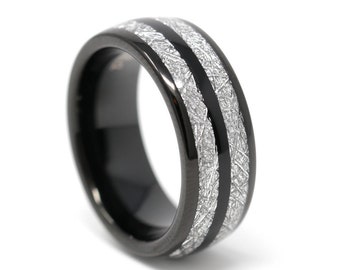 Schwarzes Herren Ehering, Schwarzer Meteorit Ring, Schwarzes Meteorit Inlay, Comfort Fit, 8MM, FREIE GRAVUR