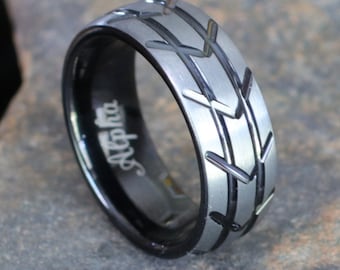 8MM Black Tungsten Wedding Band, Brushed Silver, Tire Tread Design, Comfort Fit, Men&#39;s Ring, Free Custom Engraving, Sizes 7-13