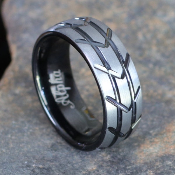 8MM Black Tungsten Wedding Band, Brushed Silver, Tire Tread Design, Comfort Fit, Men's Ring, Free Custom Engraving, Sizes 7-13