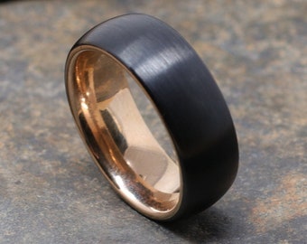 Matte Black Tungsten Ring with Rose Gold Inner Band, Mens Tungsten Ring, Men's Wedding Band, 8MM Comfort Fit