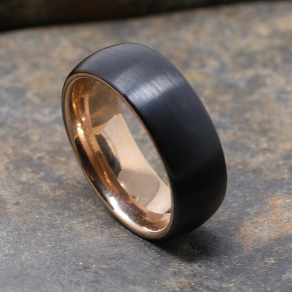 Matte Black Tungsten Ring with Rose Gold Inner Band, Mens Tungsten Ring, Men's Wedding Band, 8MM Comfort Fit