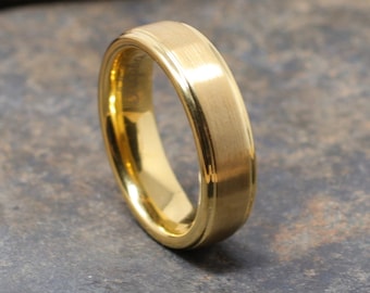 Alliance en tungstène plaqué or 6 mm, finition satinée, gravure gratuite, ajustement confortable, bague en or jaune, alliance pour homme, bague de promesse