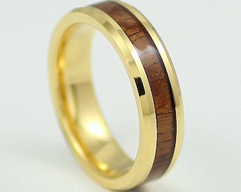 Yellow Gold Tungsten Koa Wood Men&#39;s Wedding Band, 6mm Ring, Comfort Fit Design, Hawaiian Koa Wood Inlay, Sizes 6-13