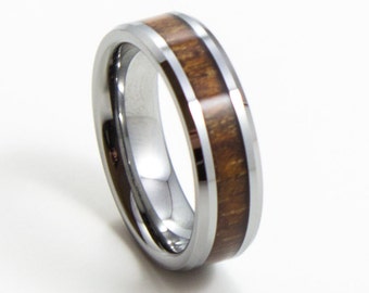 Elegant Koa Wood, Thin Men's Wedding Band, 6MM, Men's Ring, Tungsten Carbide Ring, Wood Inlay, Sizes 5-13